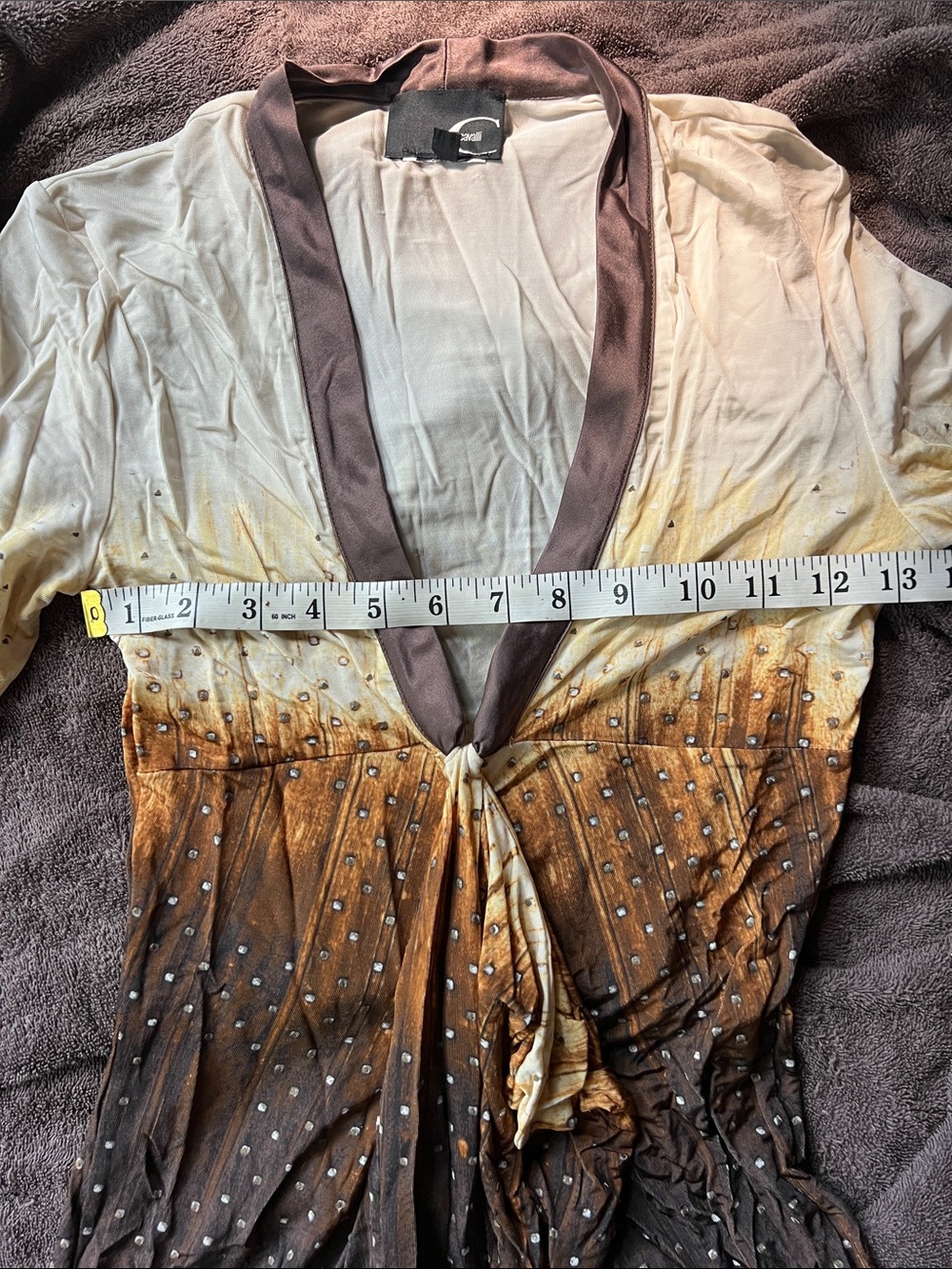 Just Cavalli Cream to Brown Ombre 3/4 Sleeve Dress with Rhinestone Accents - Picture 8 of 10